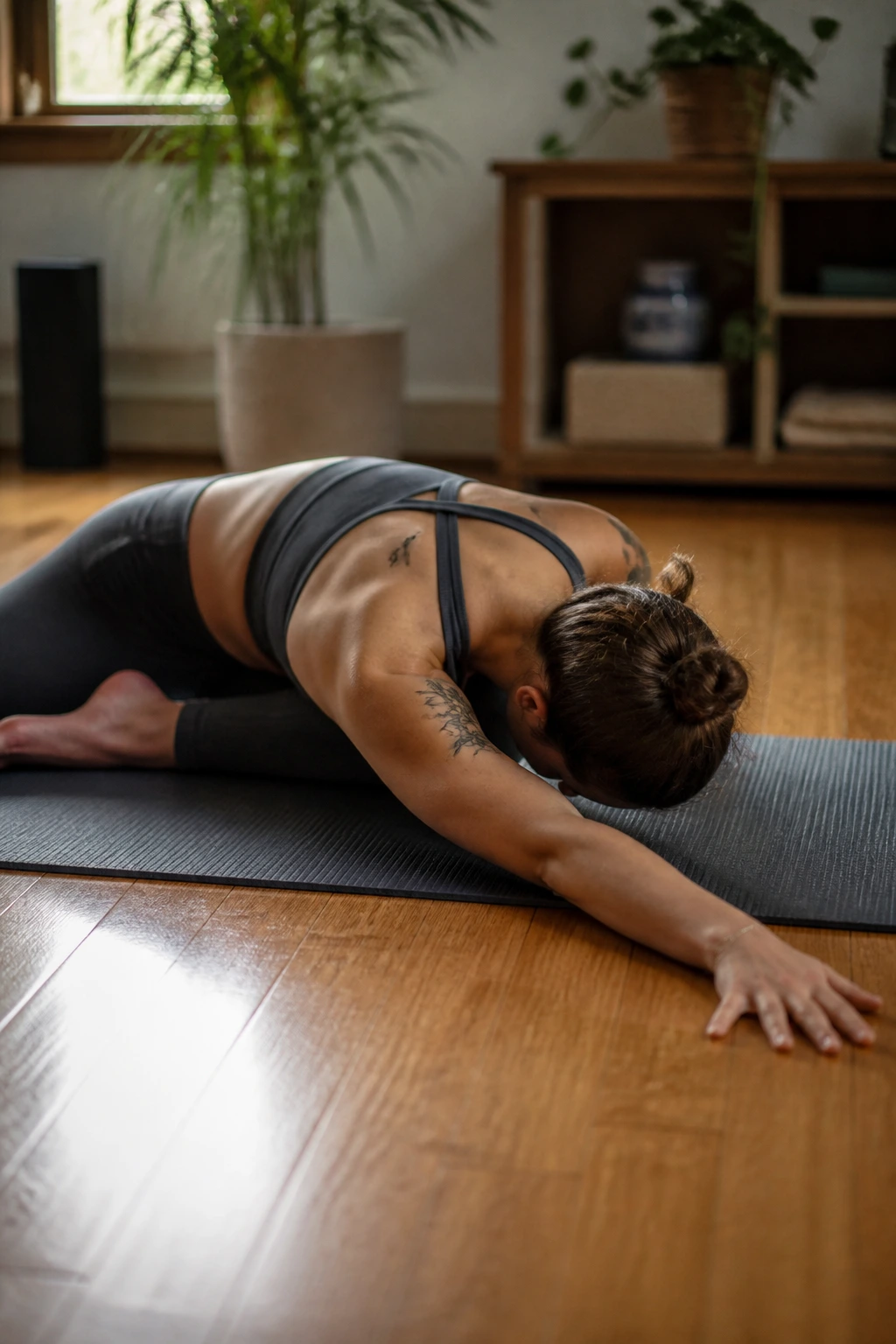 Close-up of a person performing sleeping pigeon arm stretch on a yoga mat with natural window light