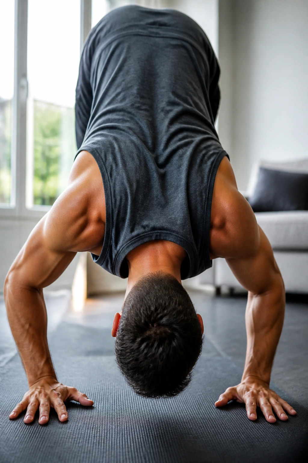 Real person performing Pike Push-Up in a home setting