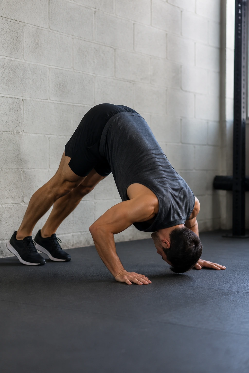 Real person in inverted V pike push-up on a gym mat