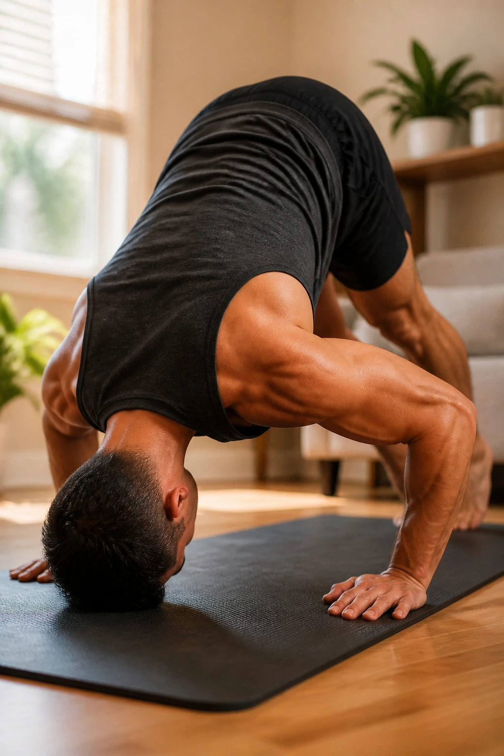 Close-up of a person performing Pike Push-Ups in a home gym, shoulders and triceps engaged