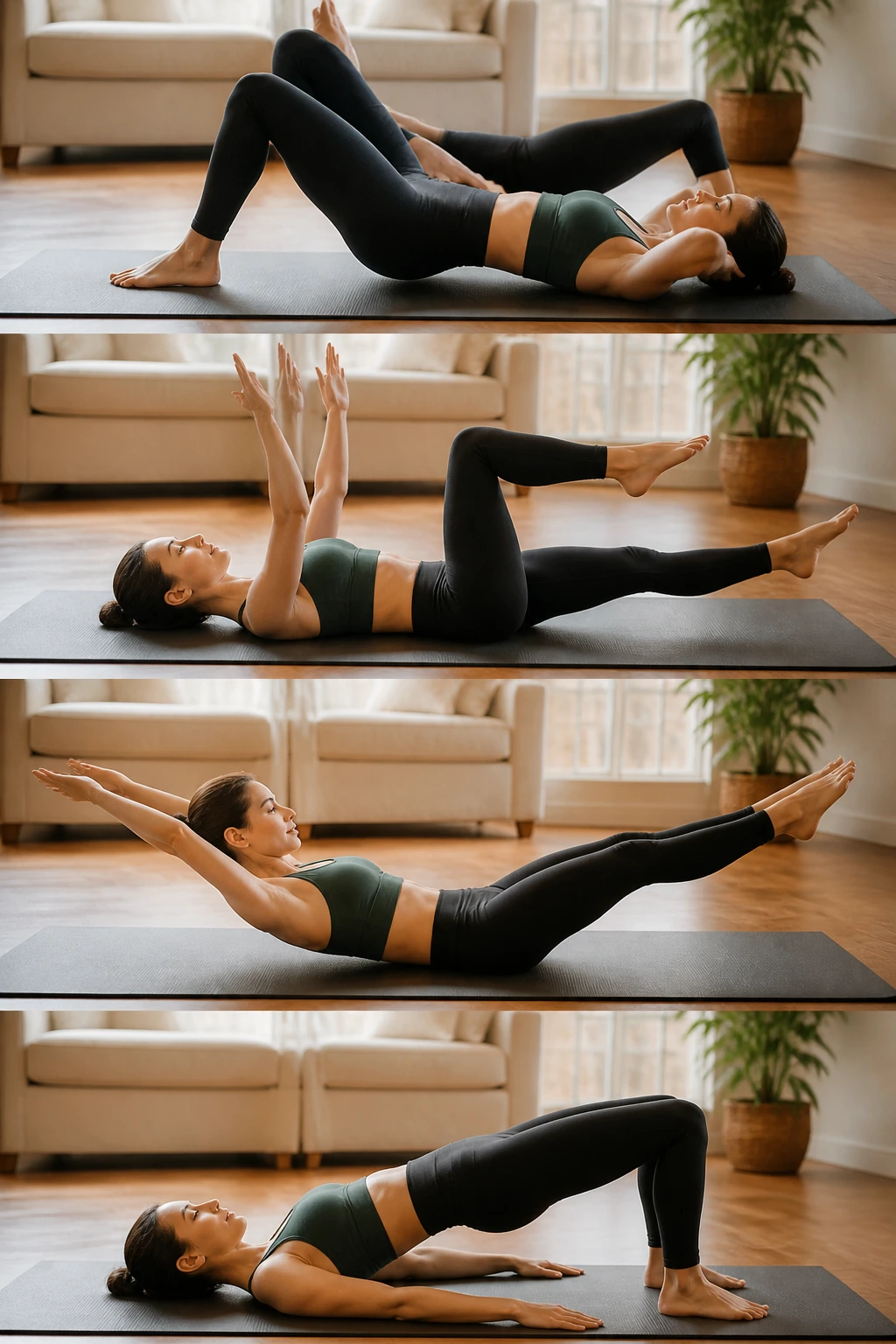 Close-up of a real person performing Pilates-style core exercises on a mat in a sunny living room.