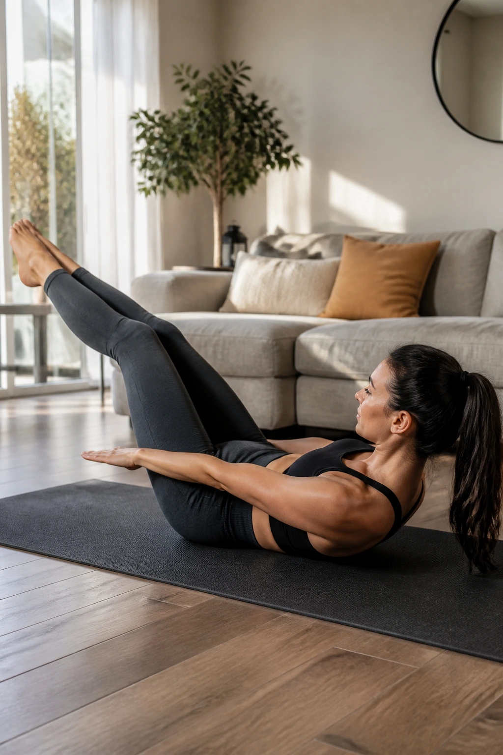 Close-up of a person performing Pilates hundred and leg series on a mat