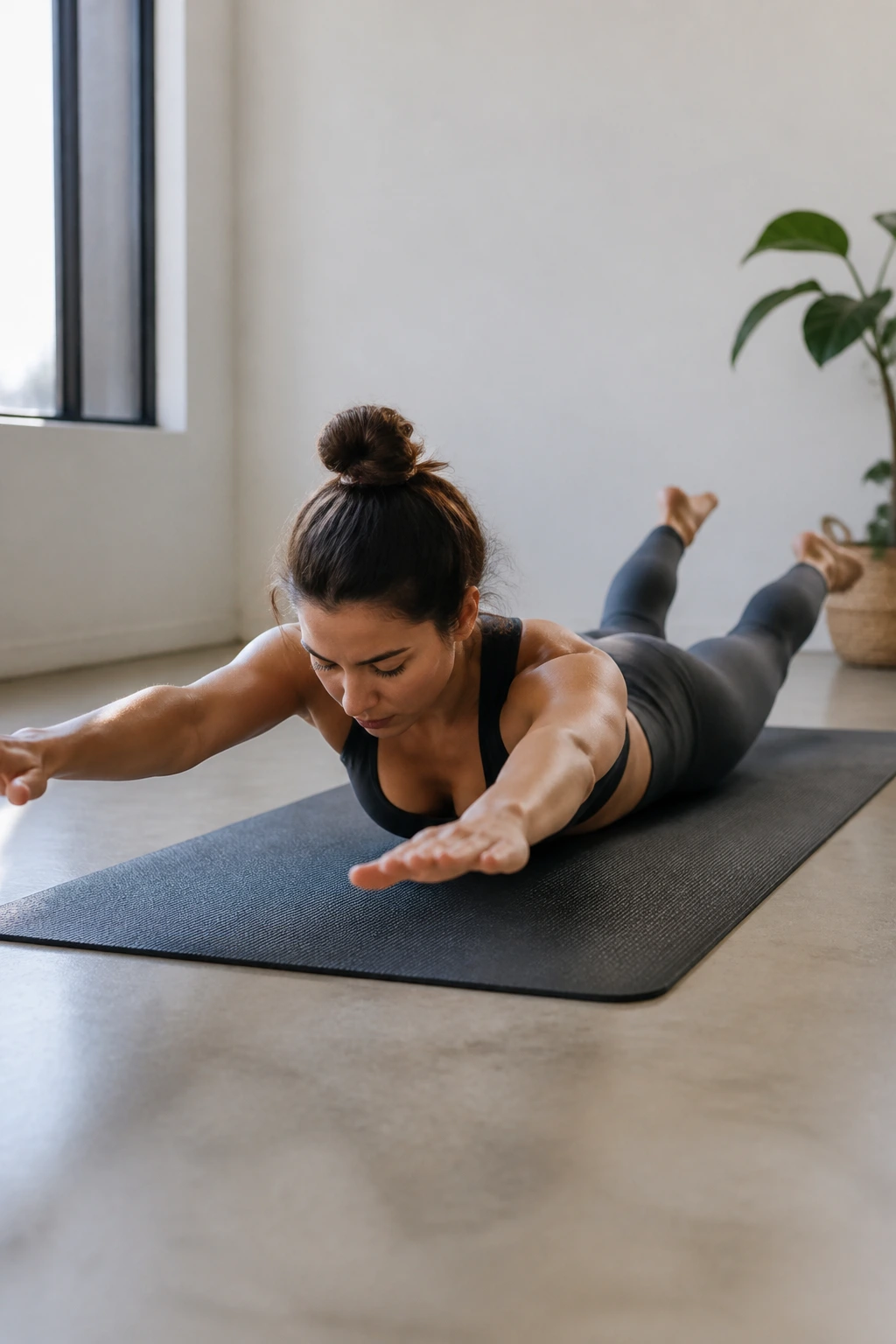 Close-up of Pilates Swimming on a mat with arms and legs extended