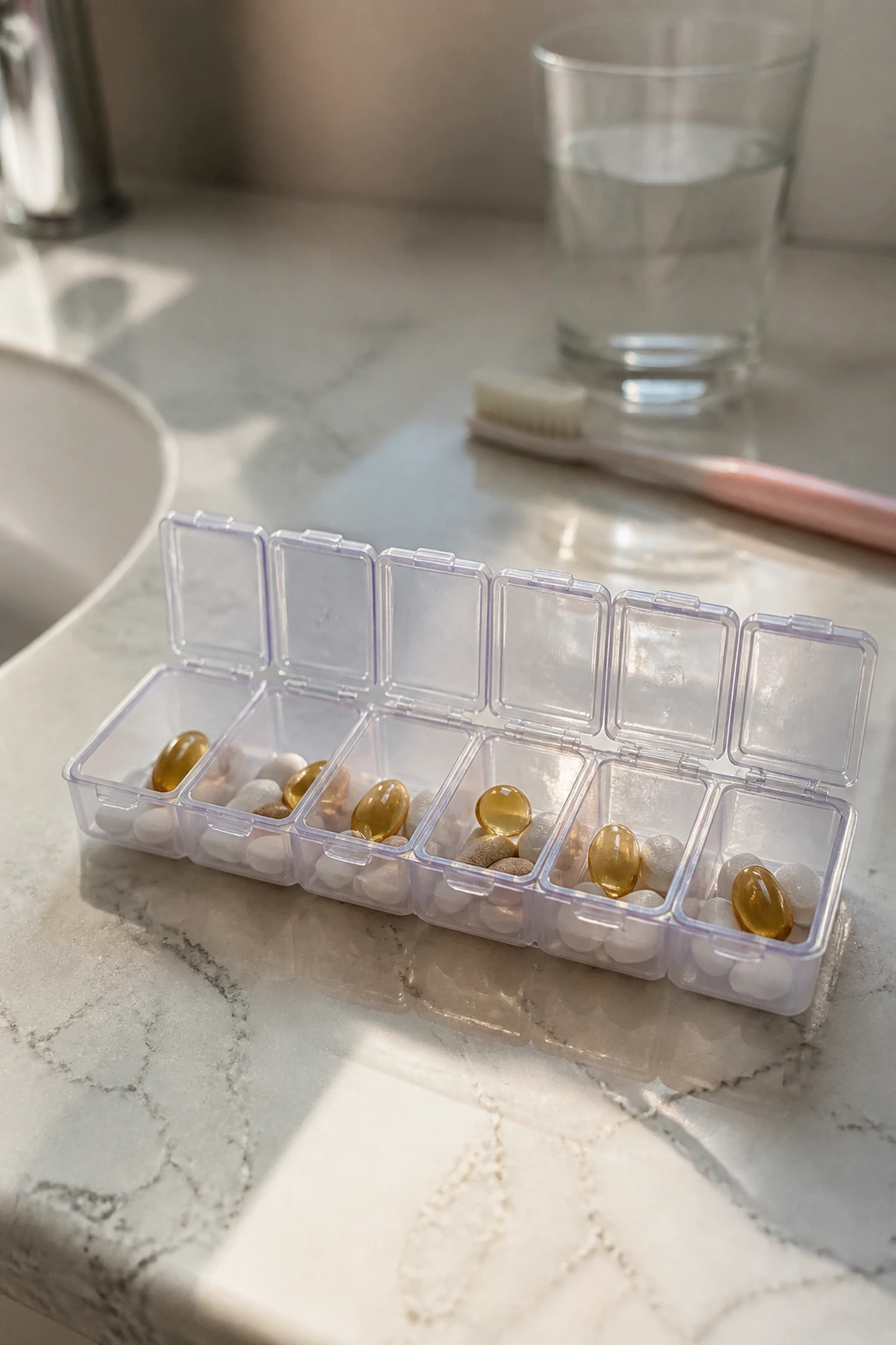 Close-up of a 7-day pill organizer on a bathroom counter with blurred toothbrush and water glass