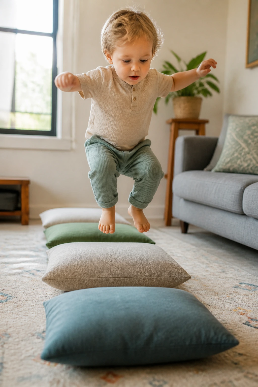 Toddler jumping between pillow islands on living room floor