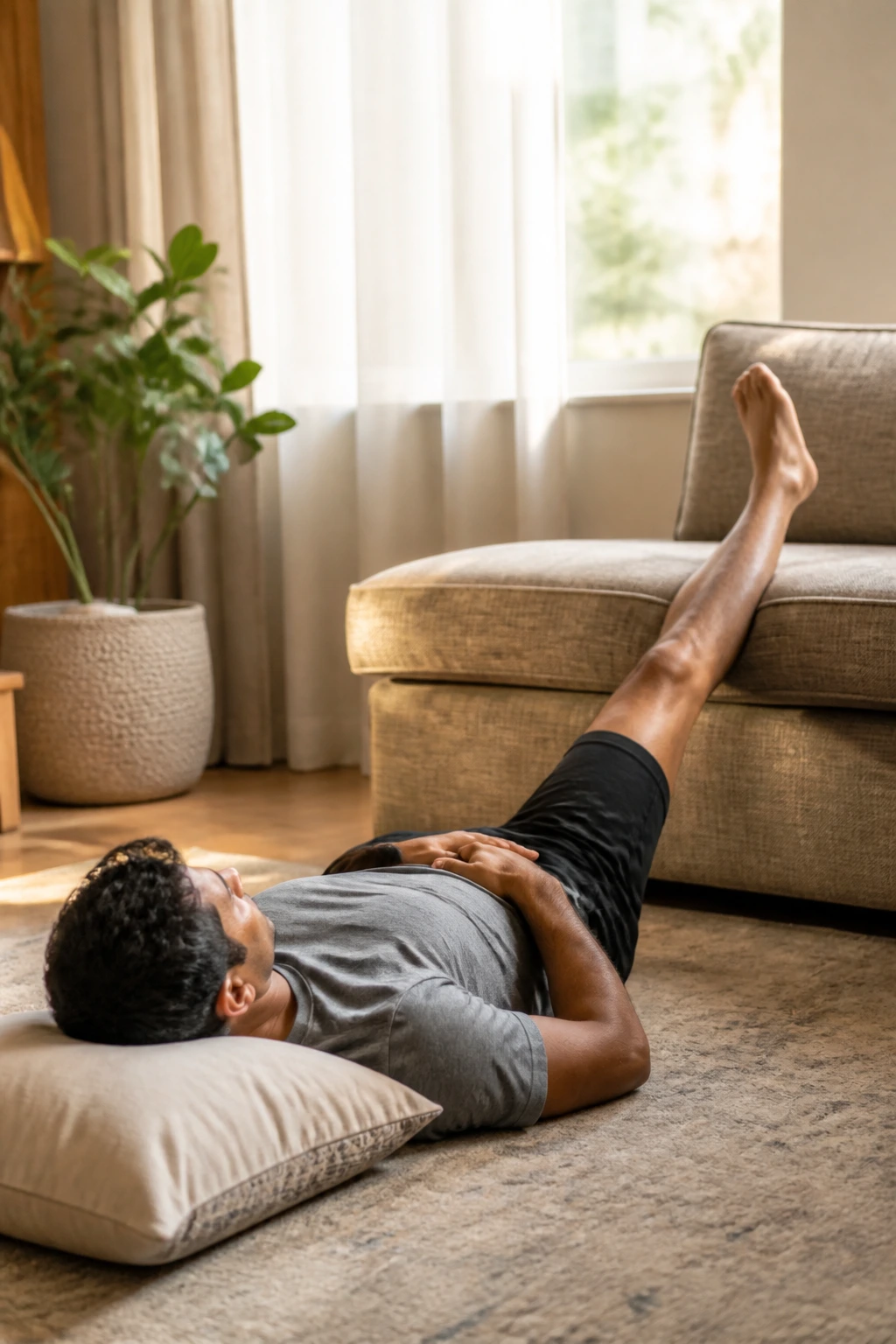 Close-up of person performing pillow-supported reclined hamstring stretch with leg on couch edge in a cozy living room
