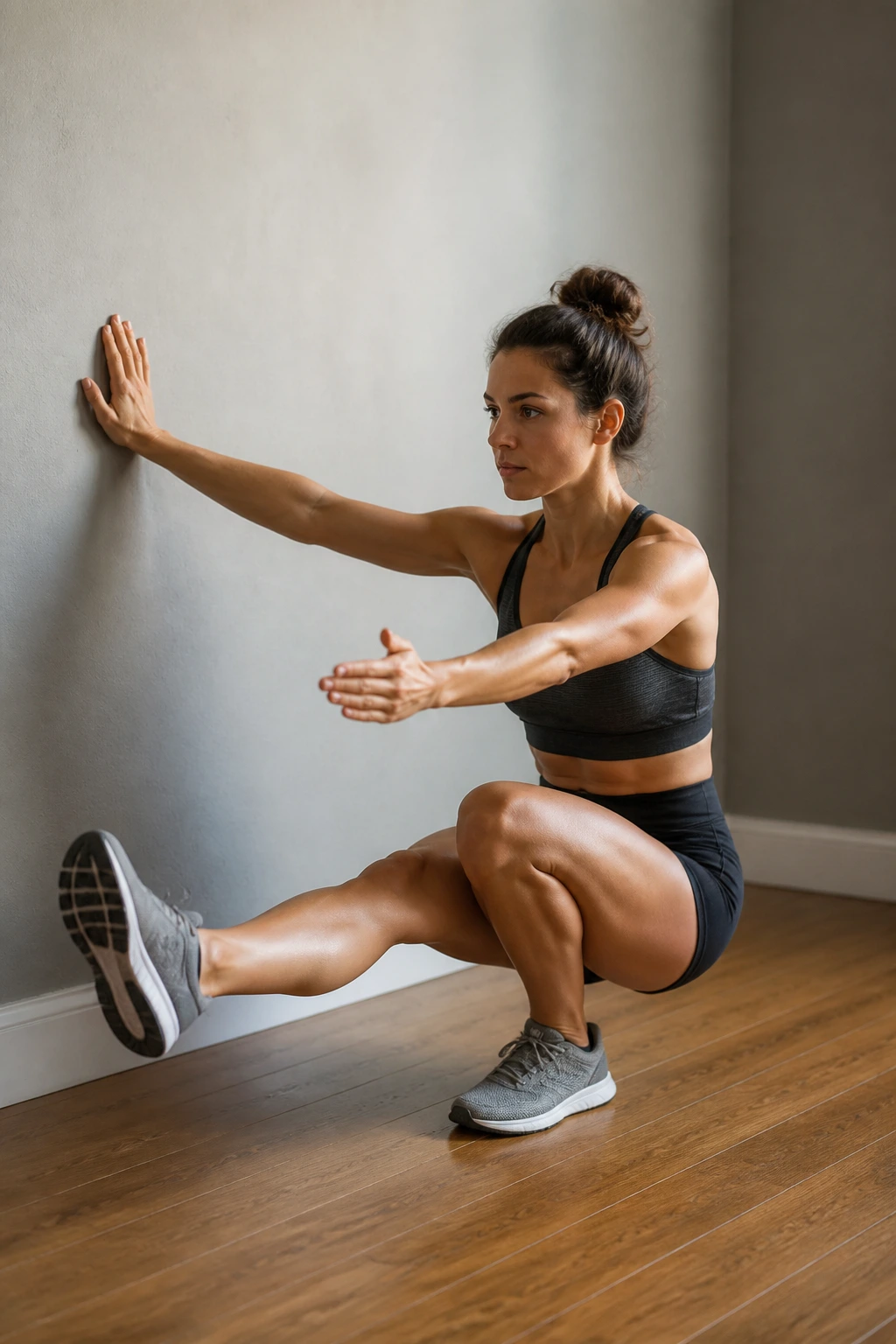 Person performing a pistol squat with extended non-working leg
