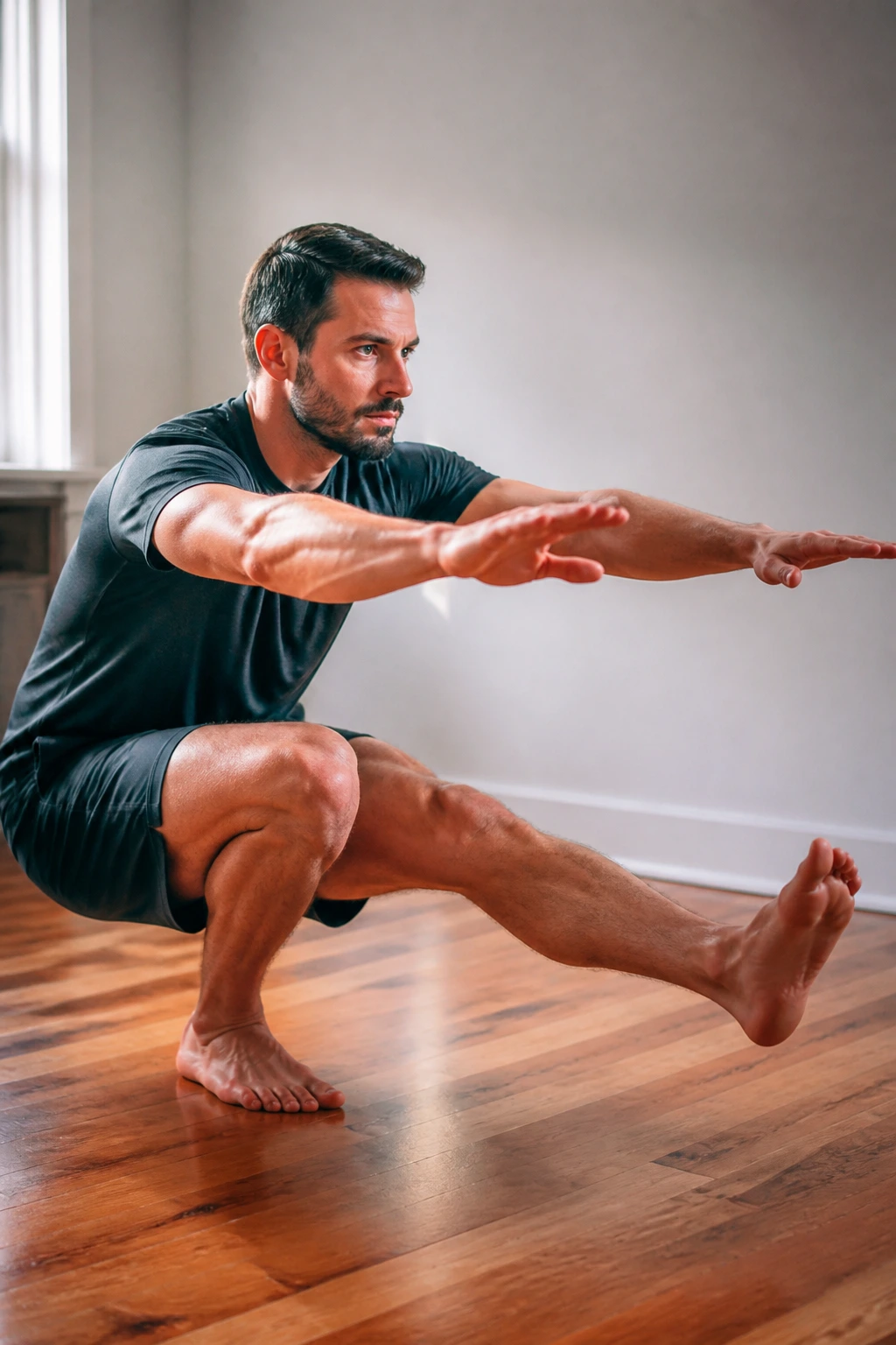 Real person performing a pistol squat at home
