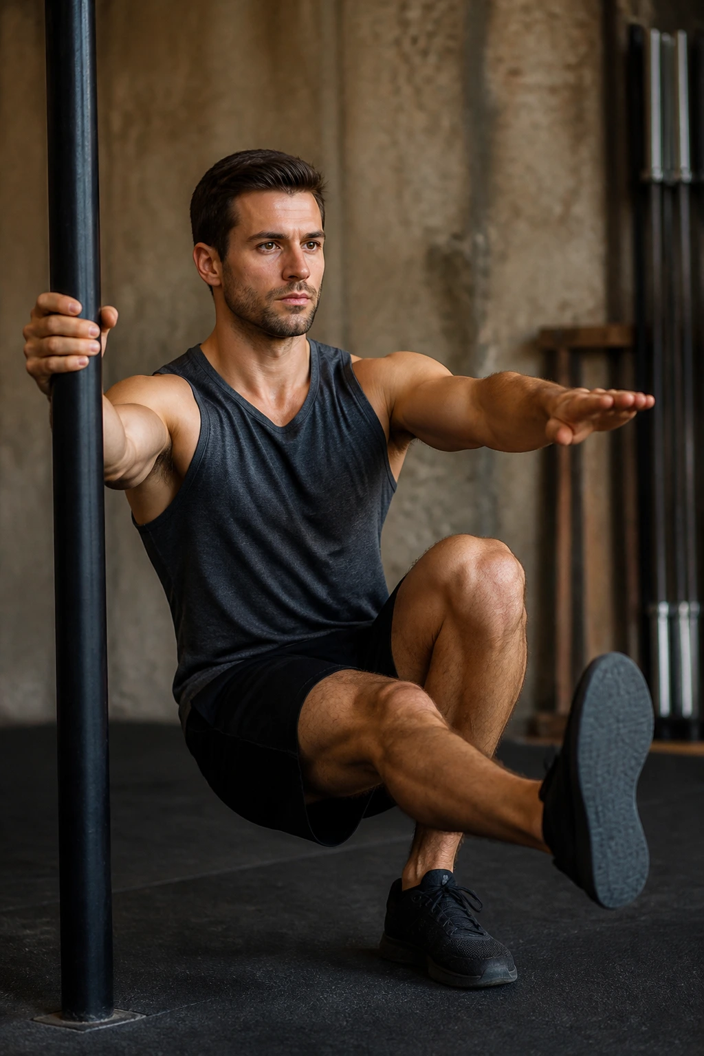 Close-up portrait of a real person doing a pistol squat with balance aid