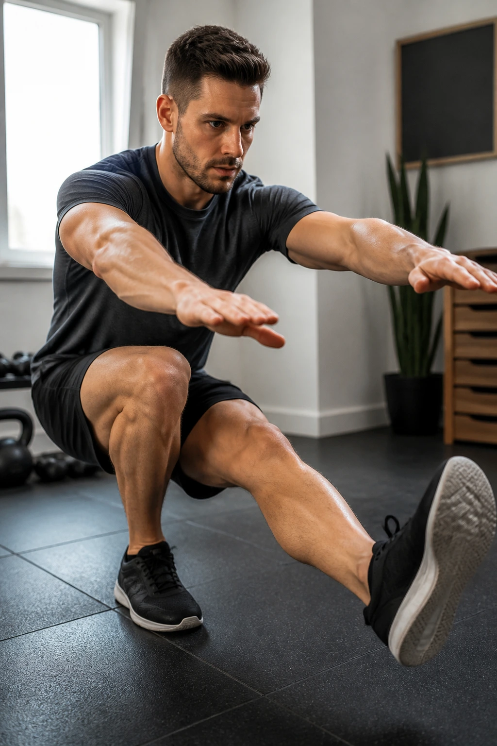 Person performing a pistol squat with arms forward for balance in a minimal gym setting.
