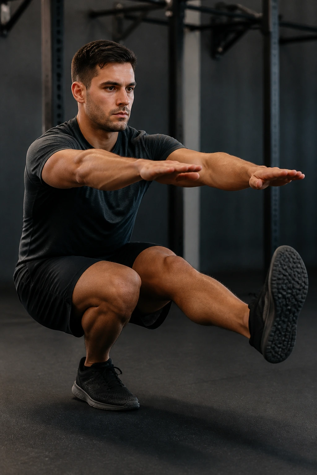 Portrait of a real person performing a pistol squat