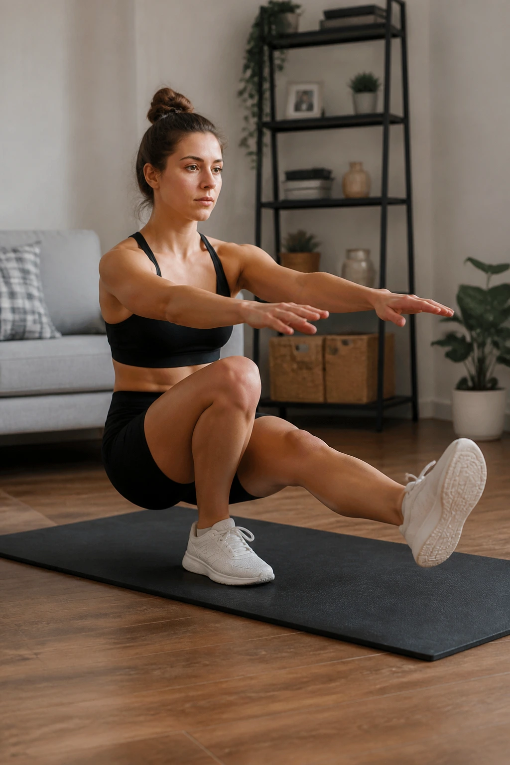 Person performing a pistol squat with one leg extended