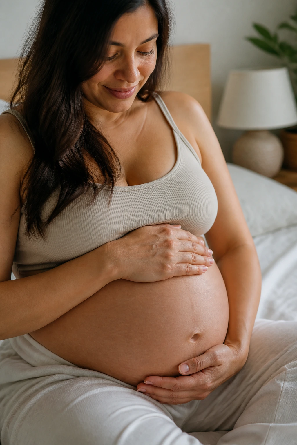Pregnant person with hands on belly in a calm setting