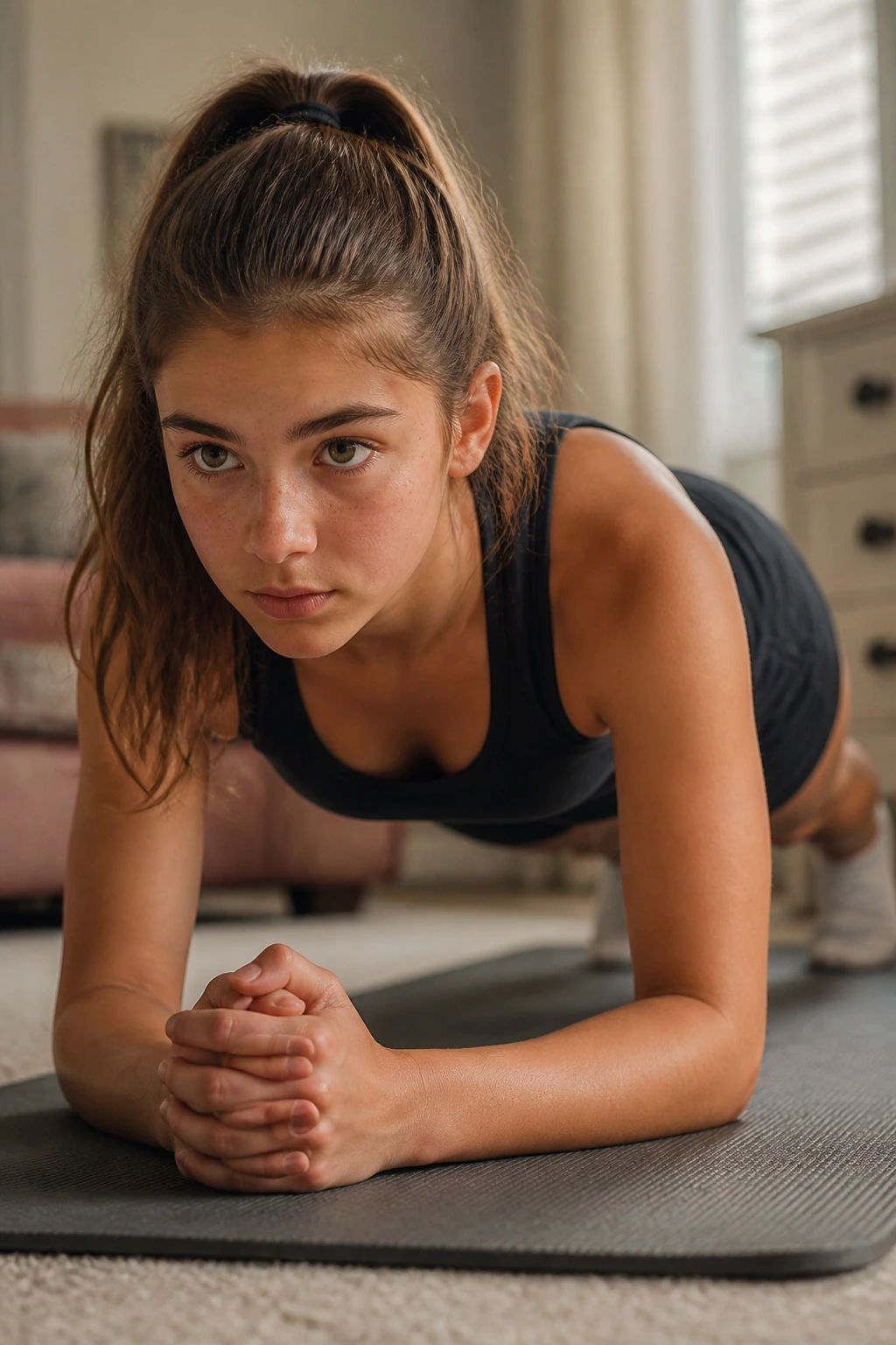 Teen girl in forearm plank on a yoga mat indoors.