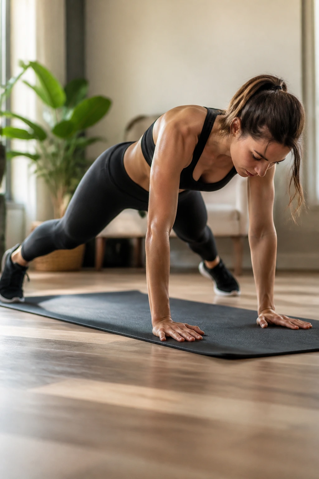 Person in plank position performing plank jacks on a mat