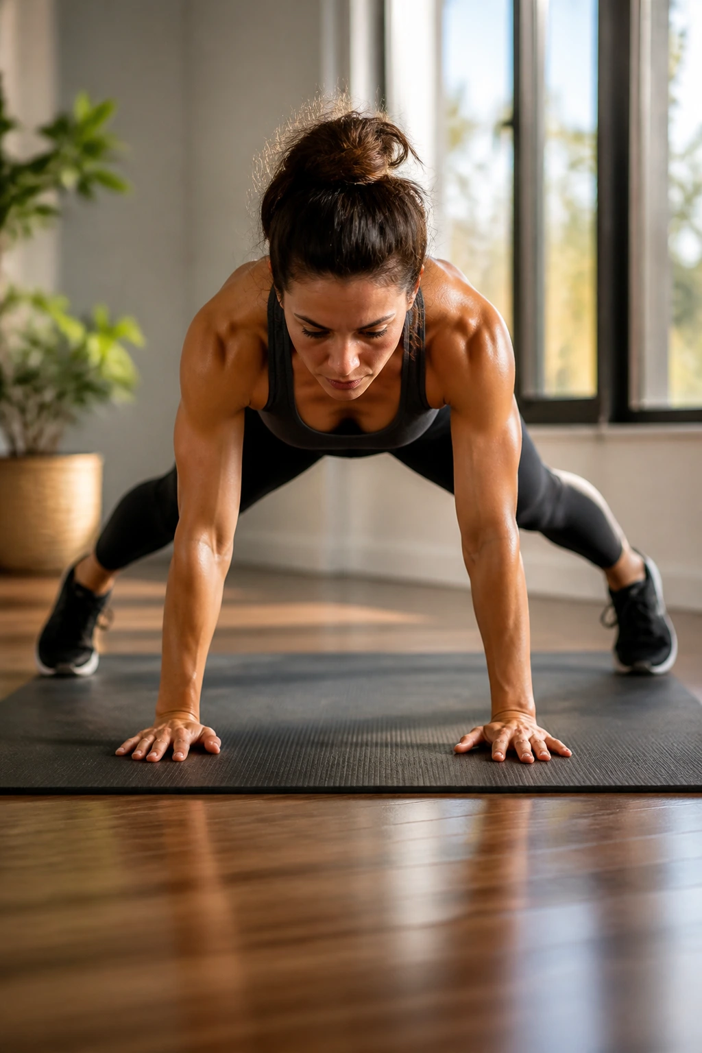 Close-up of a person performing plank jacks on a mat with natural light