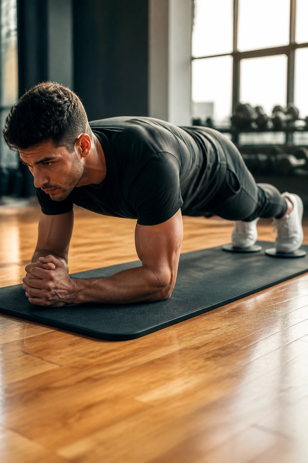 Close-up of a person performing Plank Saw with sliders under feet on a gym mat