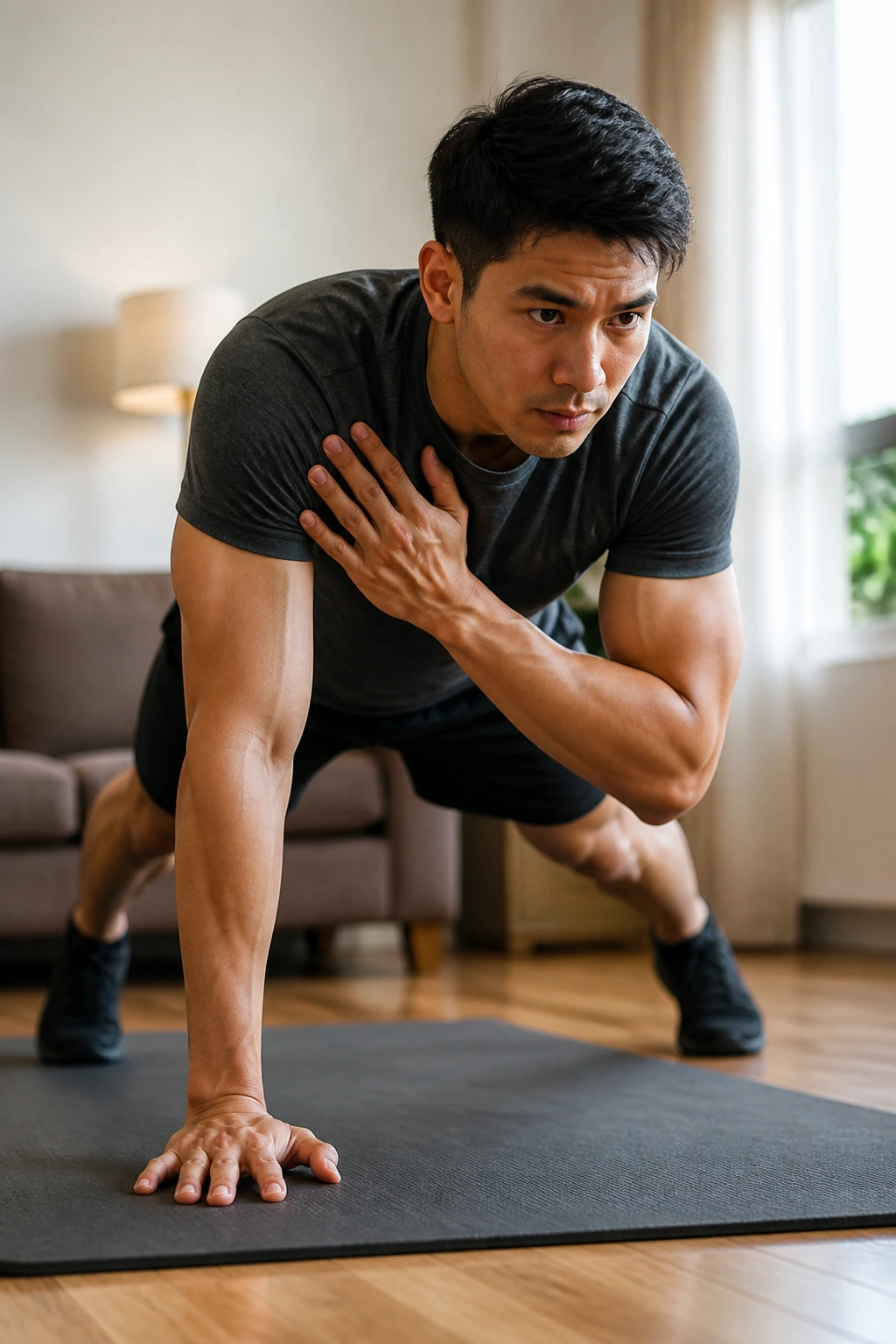 Person in a high plank performing a shoulder tap on a living room mat