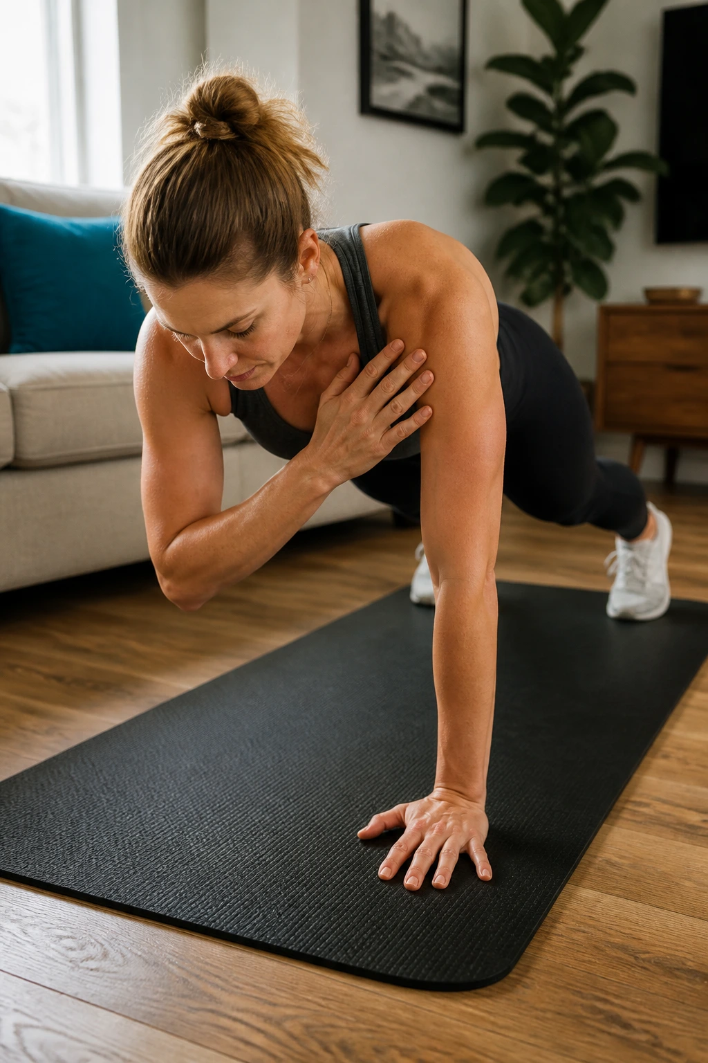Real person in high plank performing shoulder taps with stable hips