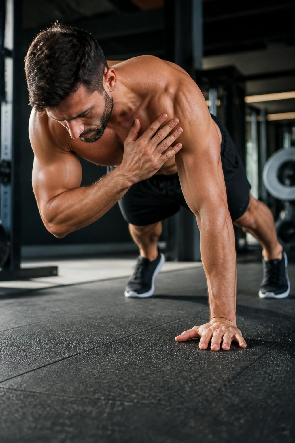 High plank with shoulder taps demonstrating anti-rotation