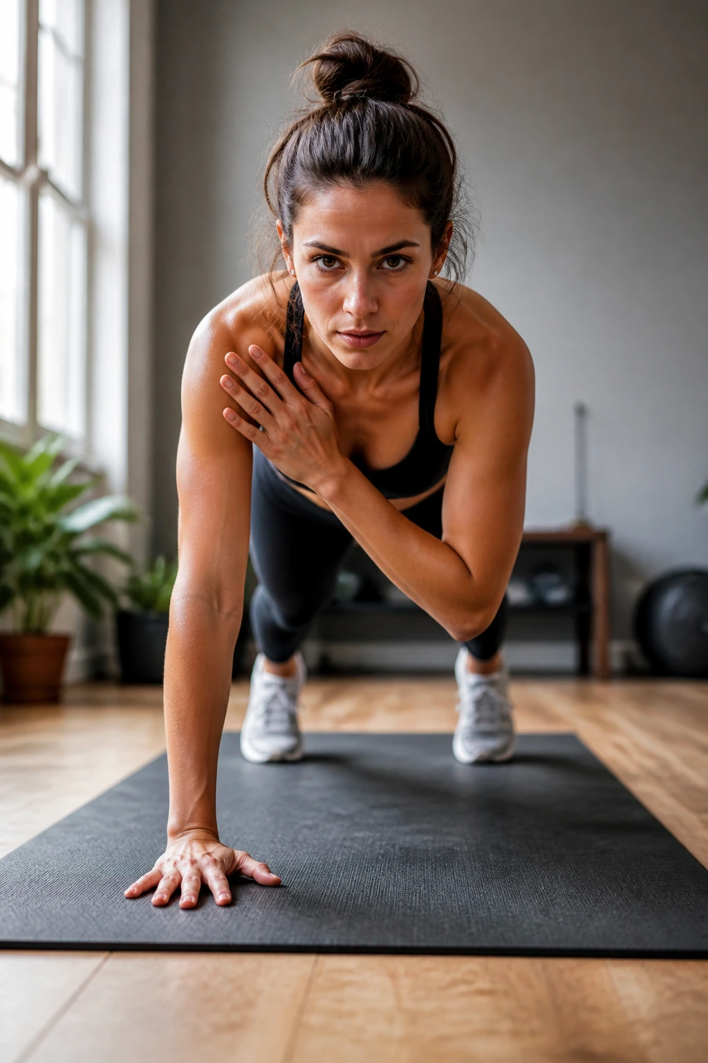 Person in plank tapping shoulders with controlled hip stability