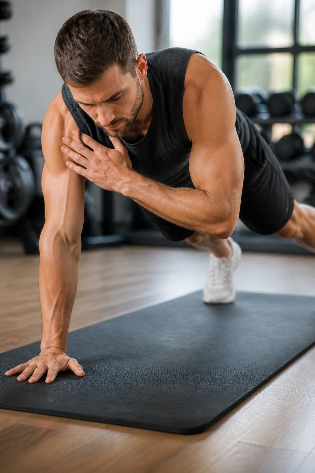 Close-up of a person performing plank shoulder taps with minimal hip movement on a gym mat