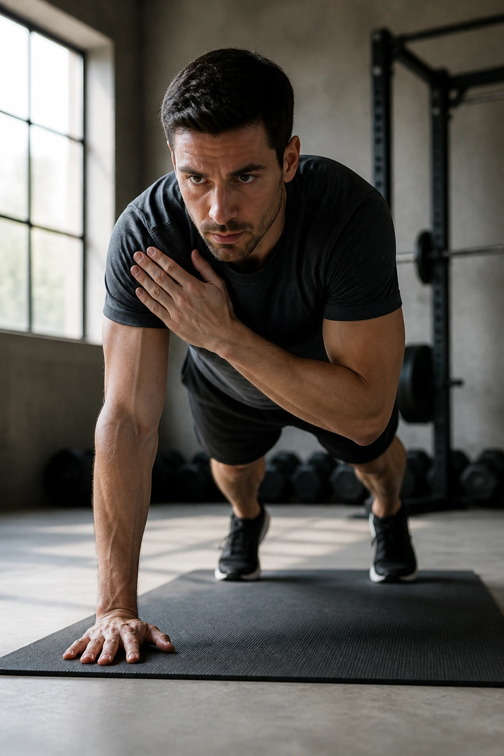 Person performing plank shoulder taps in a high plank, core engaged.
