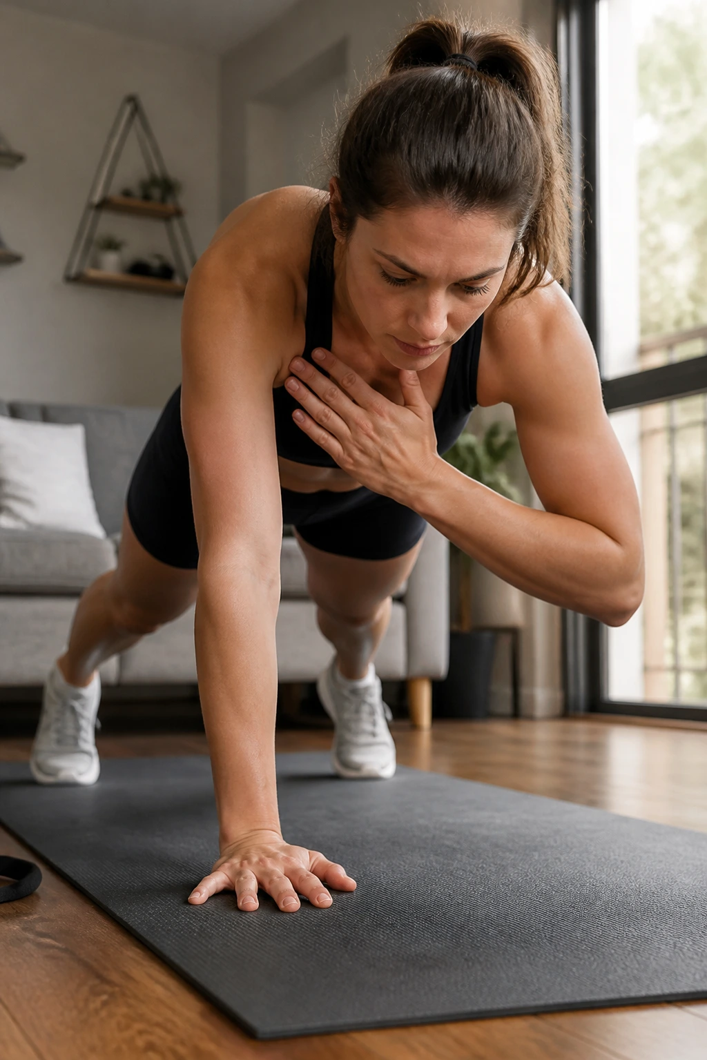 Person in high plank performing shoulder taps with controlled hips in a home setting