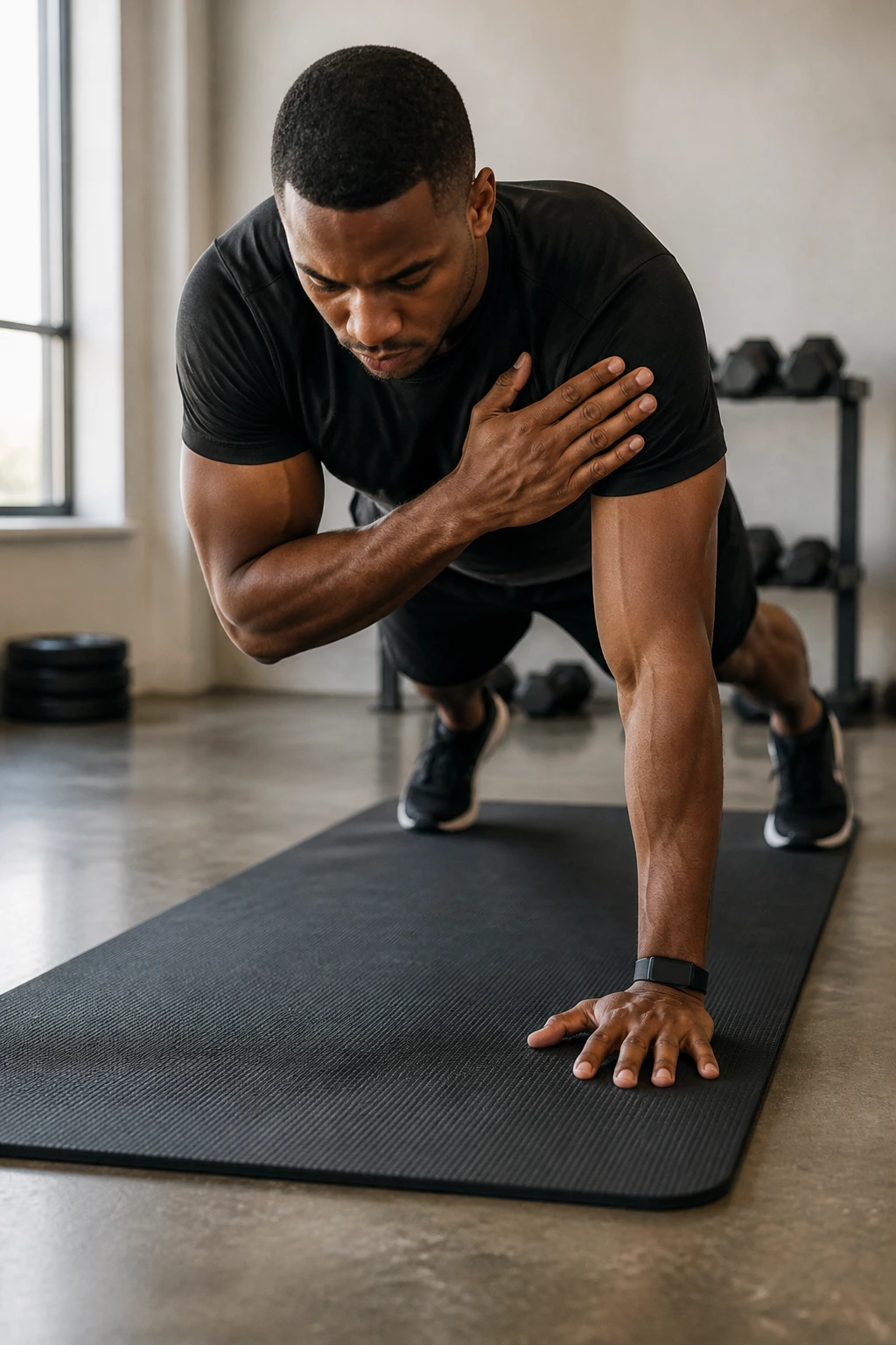 Person performing plank shoulder taps with minimal hip motion in gym.