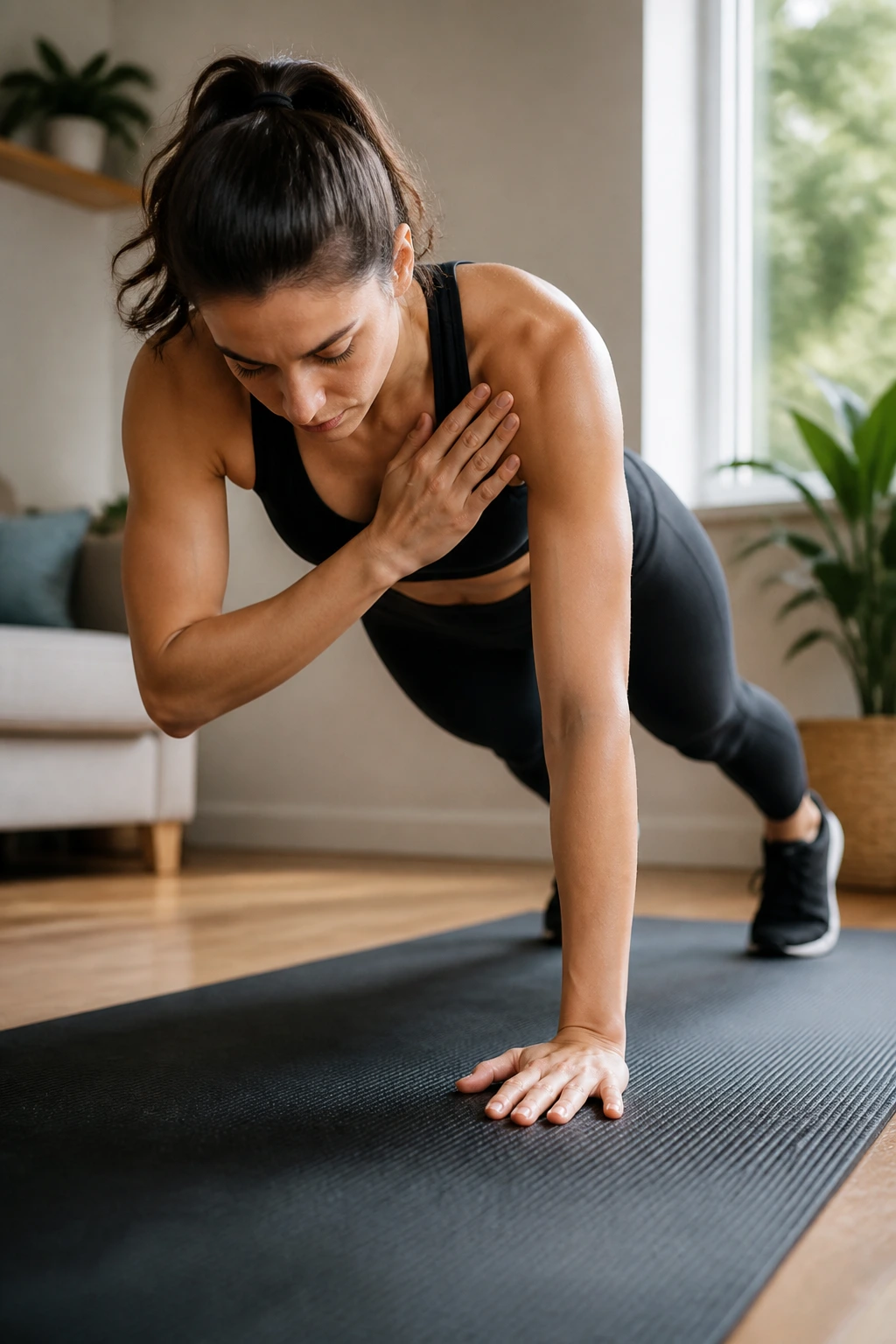 High-plank shoulder taps on a mat in a home workout space