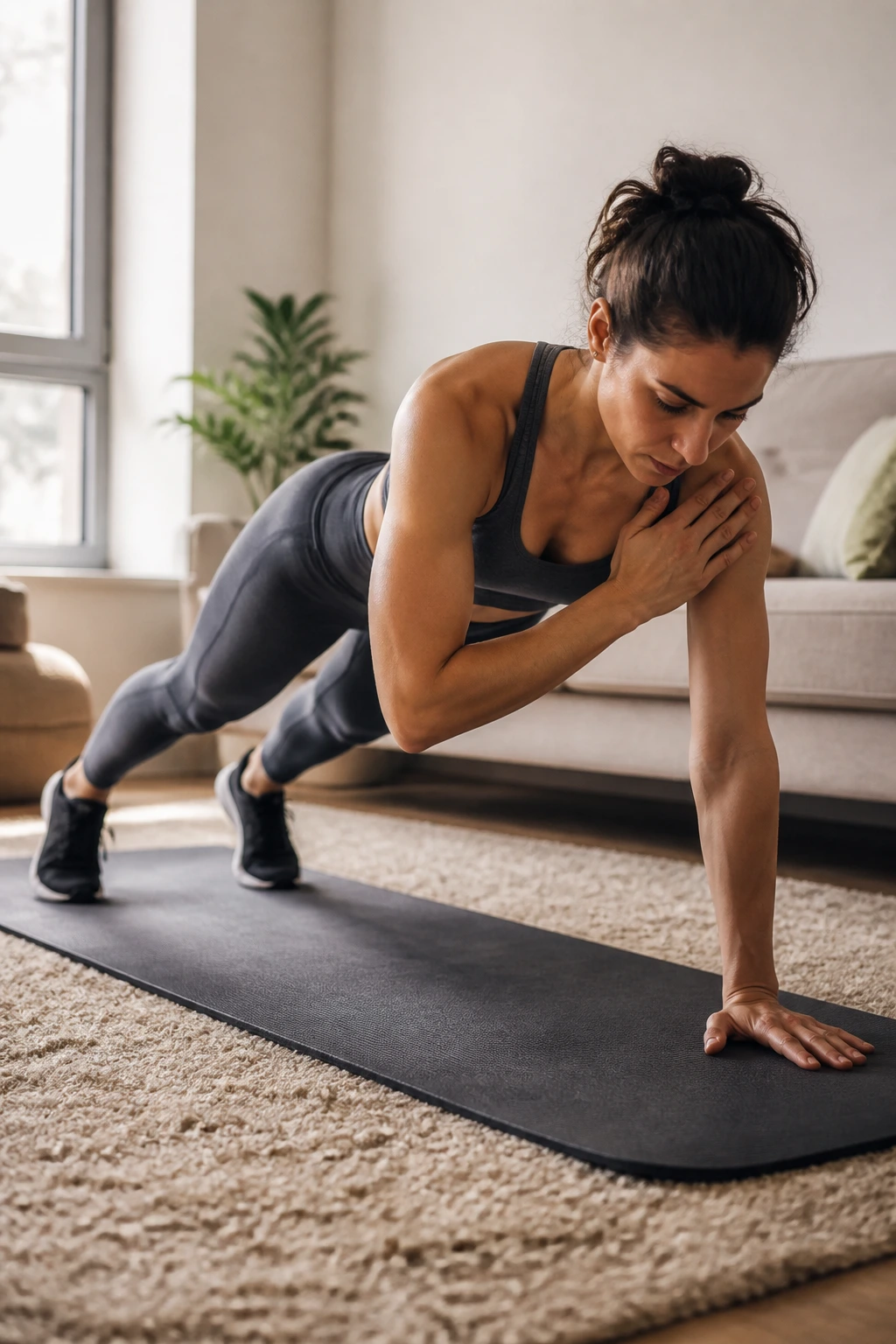 Person in high plank performing shoulder taps to improve core stability