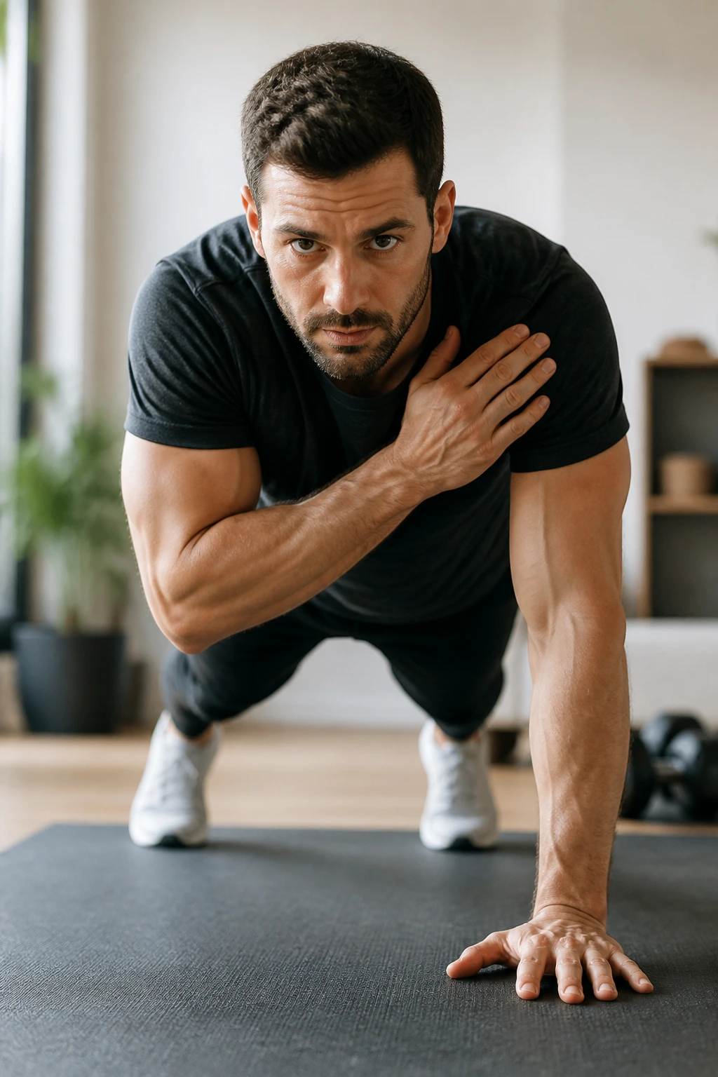 Person in high plank performing shoulder taps in a home setting