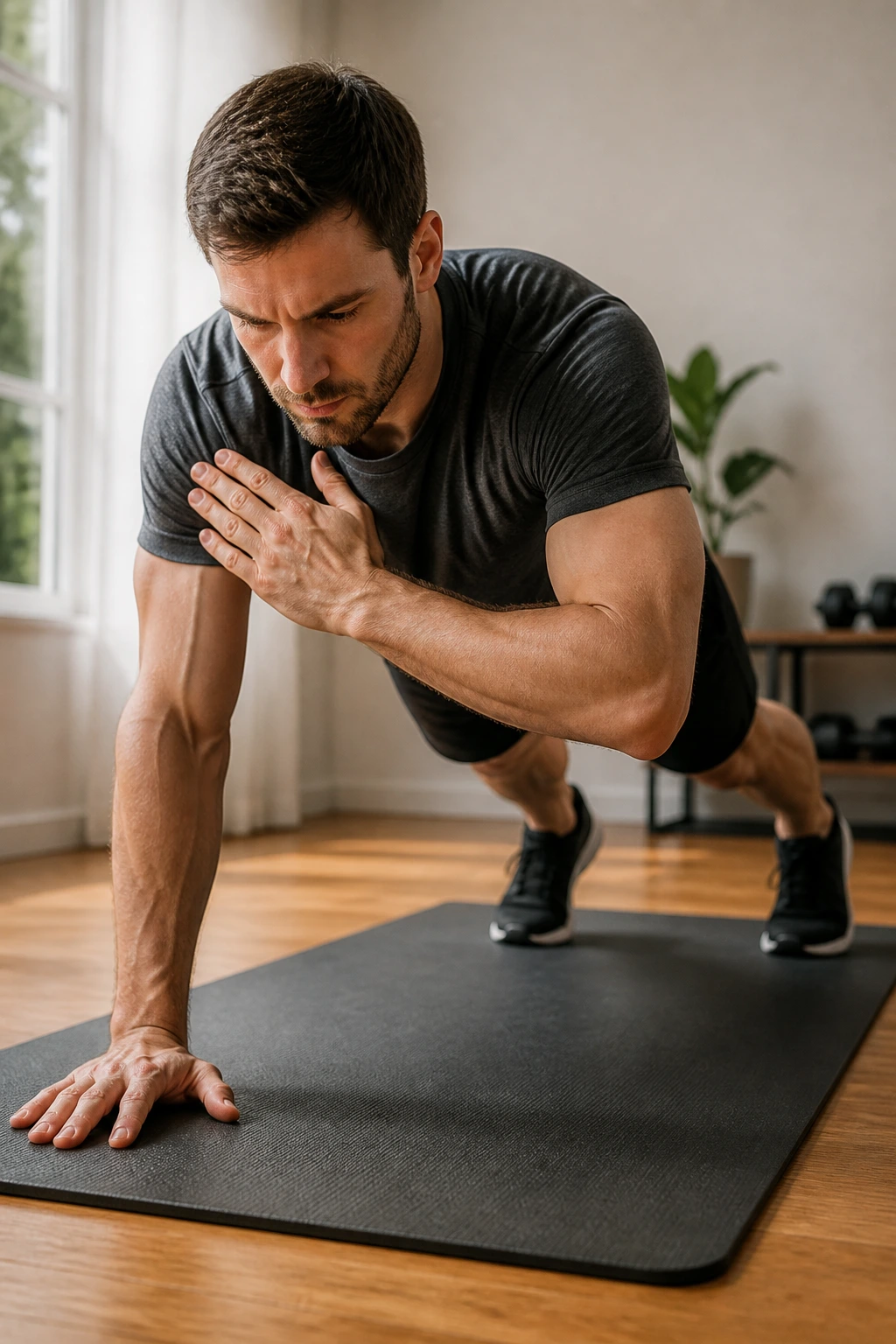 Person in high plank performing slow shoulder taps on a mat