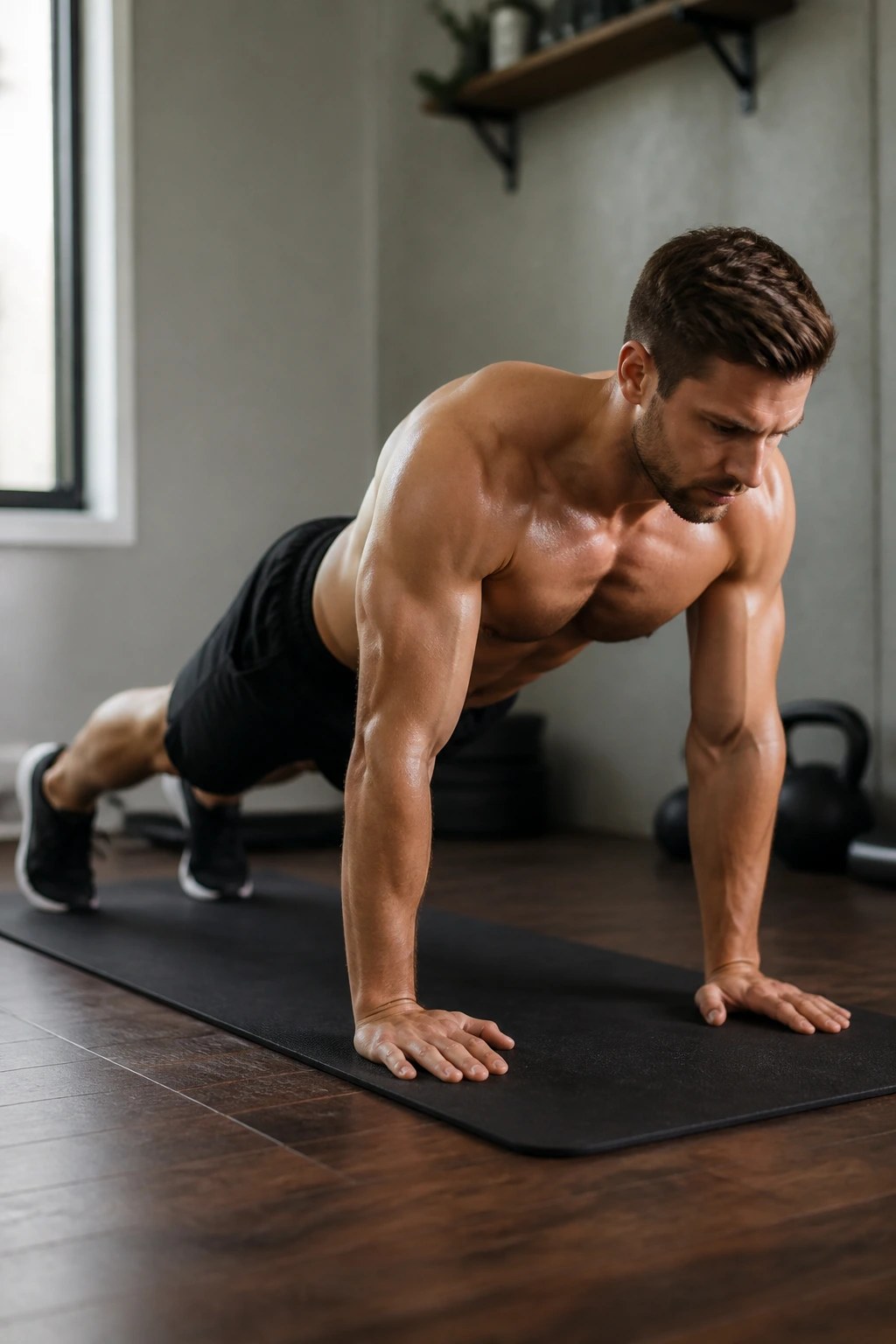 Person performing plank to push-up on a mat at home