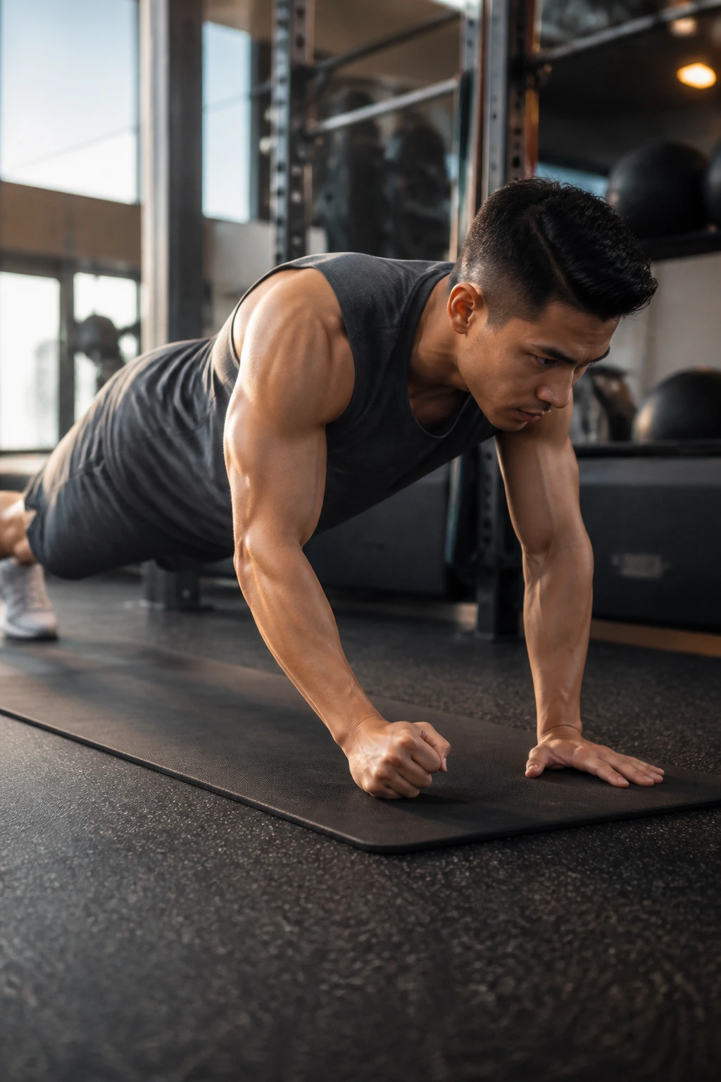 Mid-transition: forearm to high plank with core and shoulder alignment.