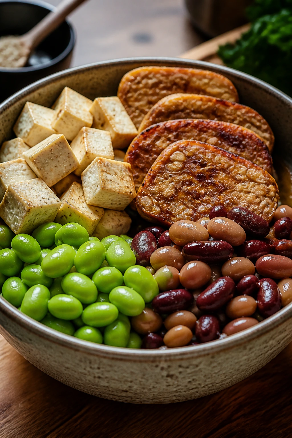 Close-up bowl featuring stacked plant-based proteins tofu tempeh edamame beans