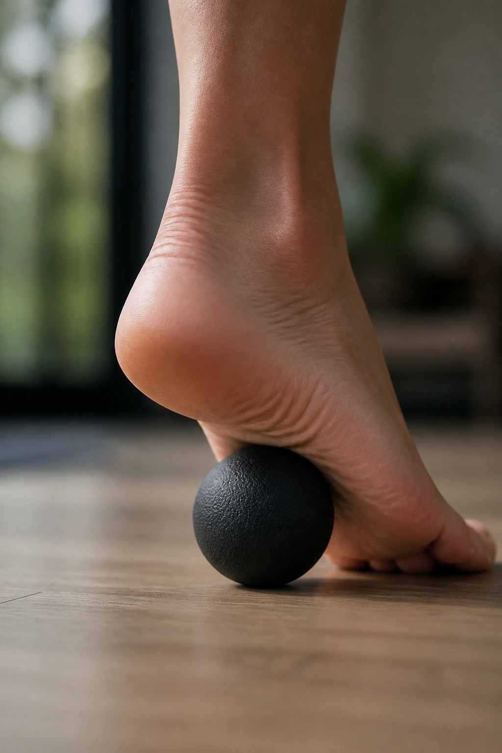 Foot massage for plantar fascia with ball under arch