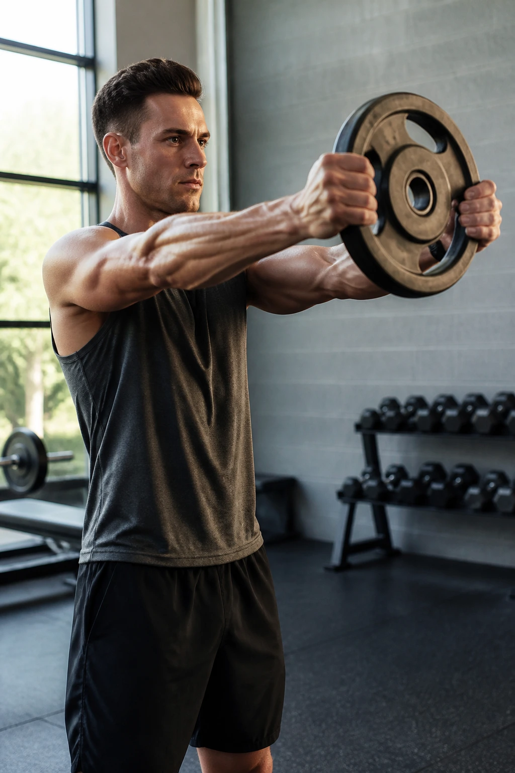 Lifter performing plate raise with weight plate at shoulder height