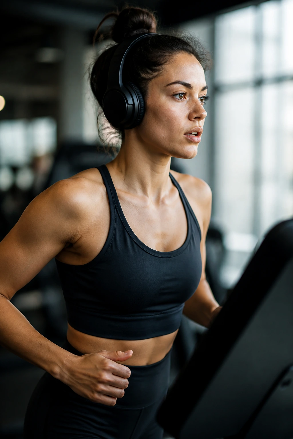 Runner on treadmill with headphones, syncing pace to music during interval workout.