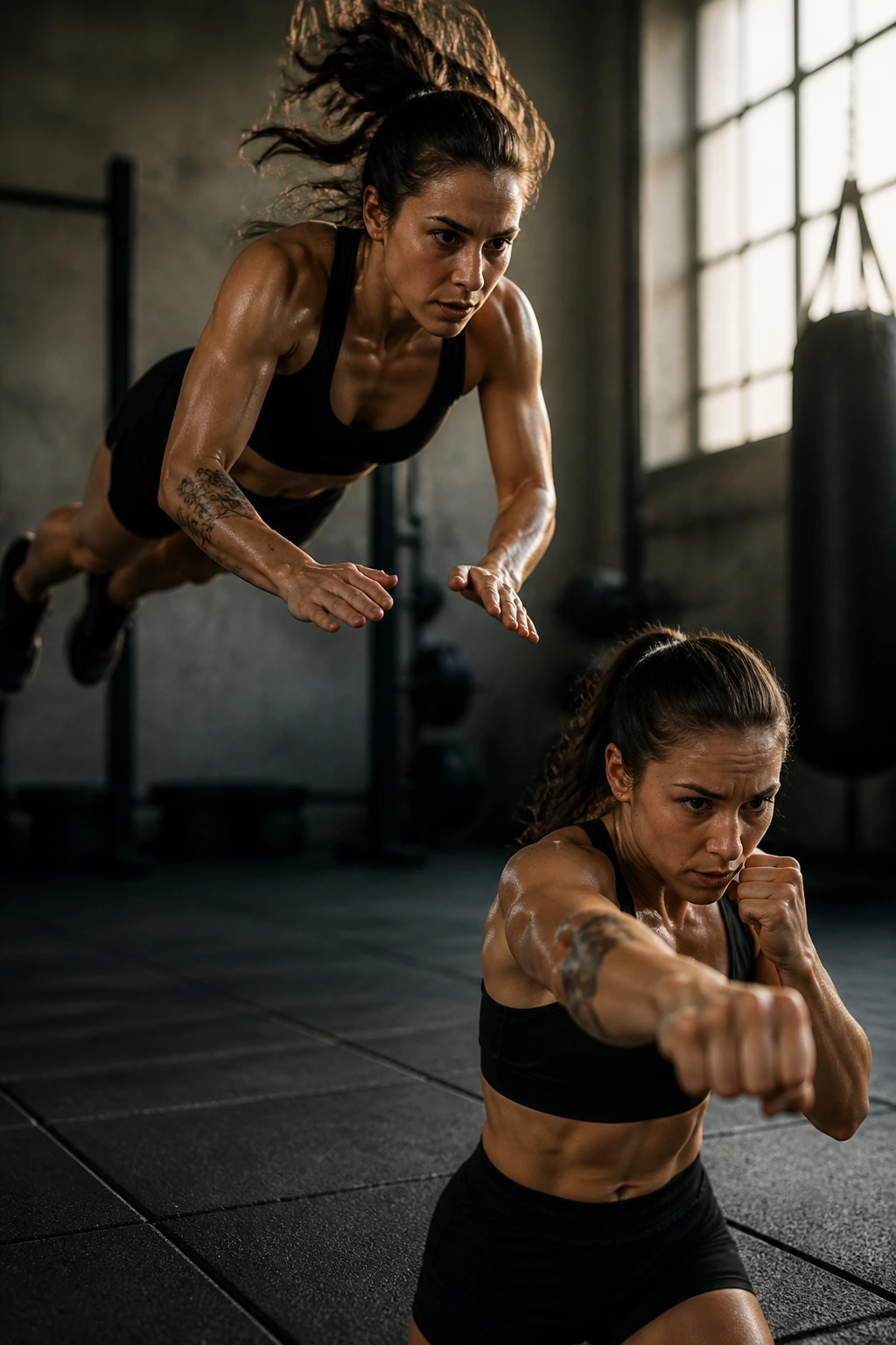 Close-up of a real woman performing plyo push-ups transitioning to shadowboxing in a gym