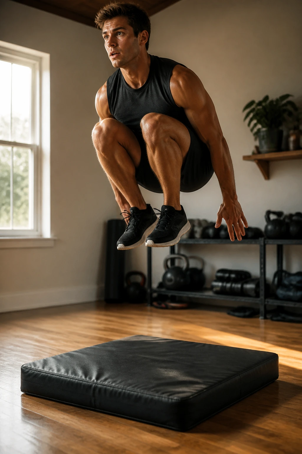 Athletic person performing a tuck jump in a home gym, showcasing plyometric power.