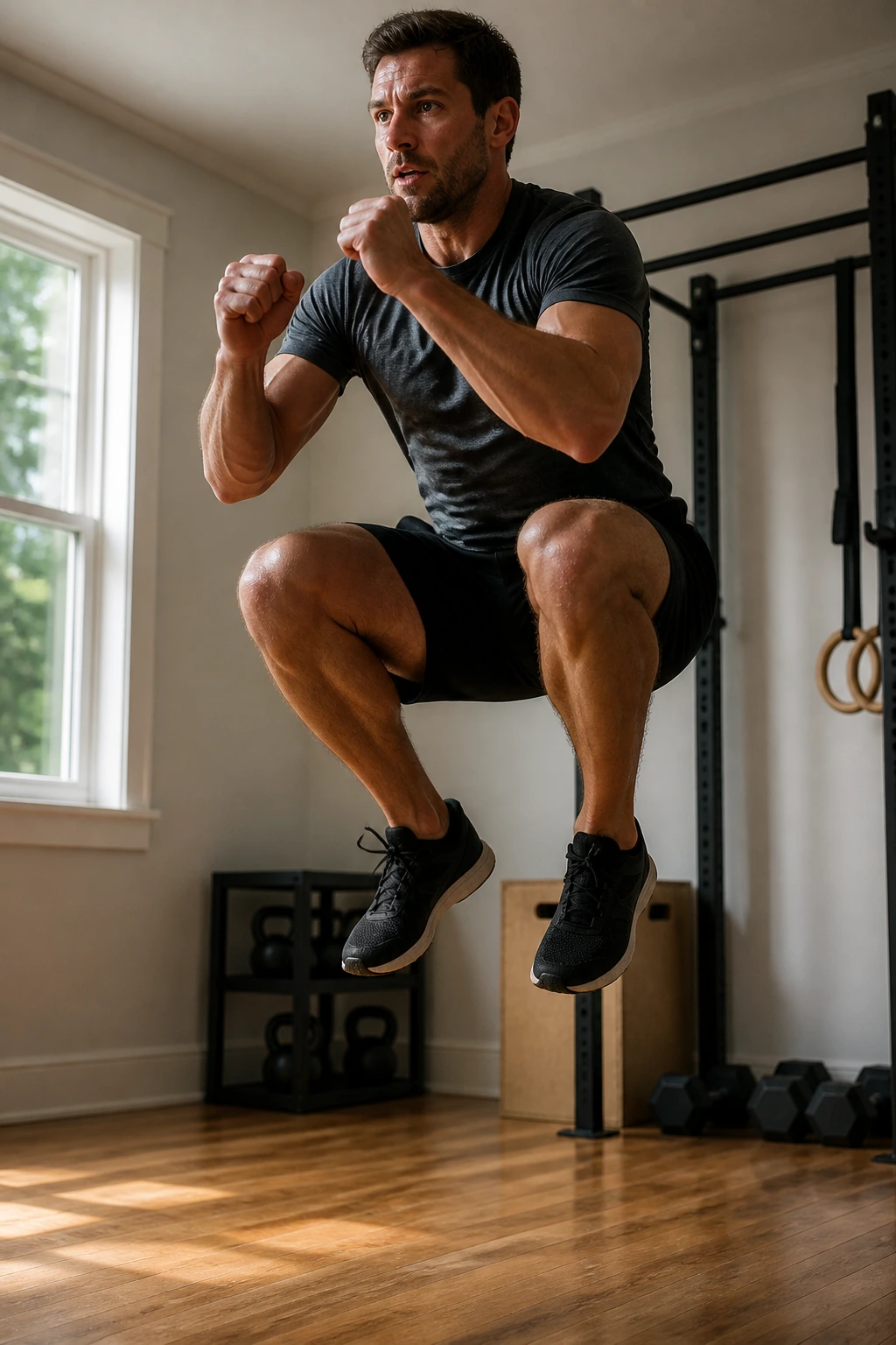 Person performing a jump squat in a home gym