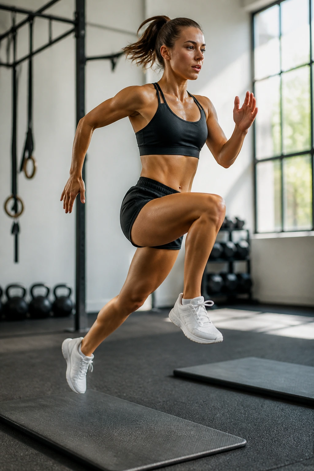 Athlete in mid-air during plyometric lunge in gym
