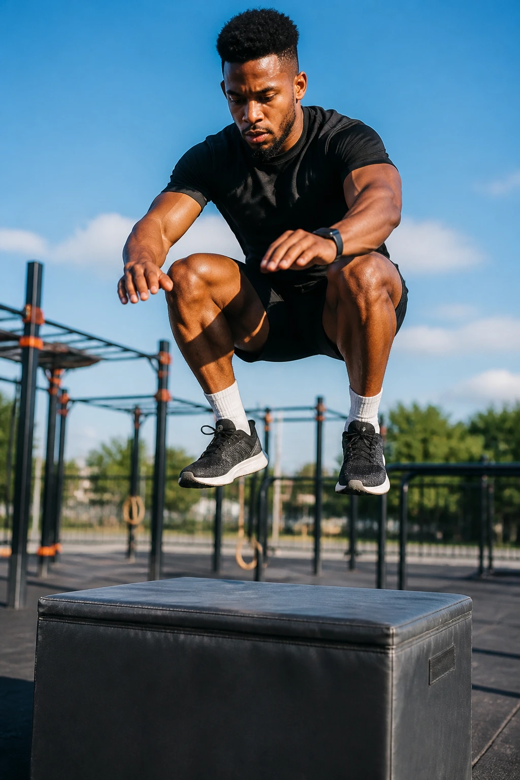 Athlete in mid-air performing a plyometric jump.