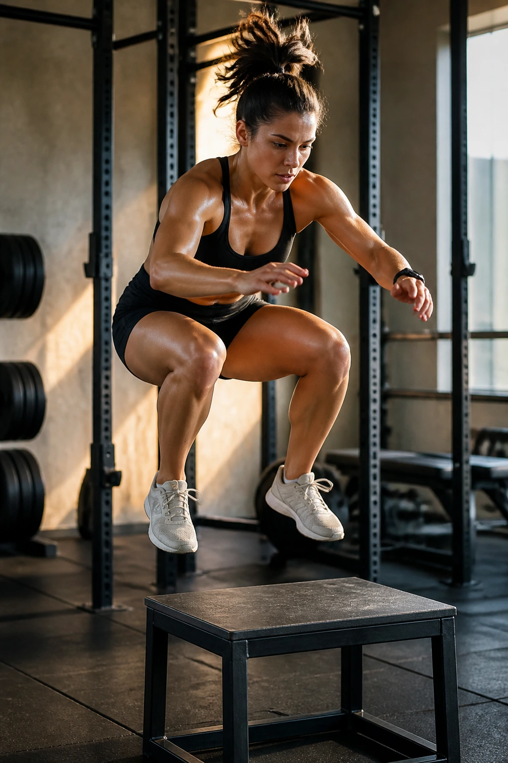 Athlete performing a low-height box jump in a gym during plyometric training