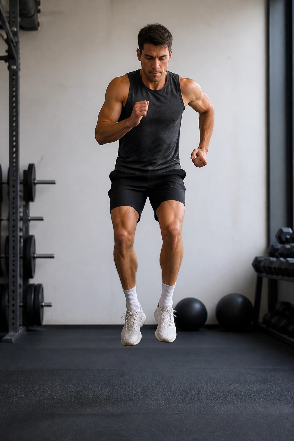Athlete performing pogo hops in a bright gym