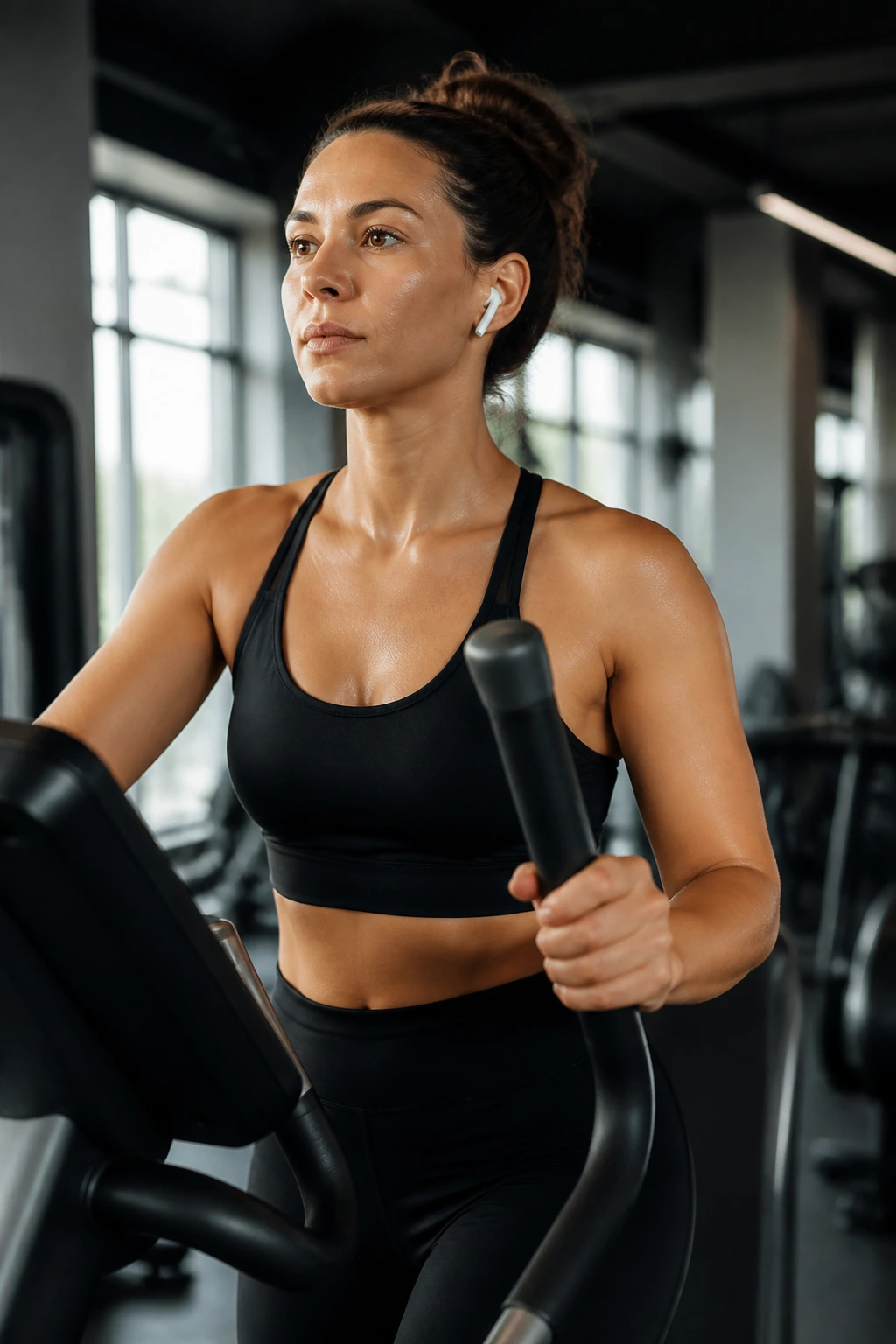 Woman with earbuds on cross trainer during a relaxed pace workout