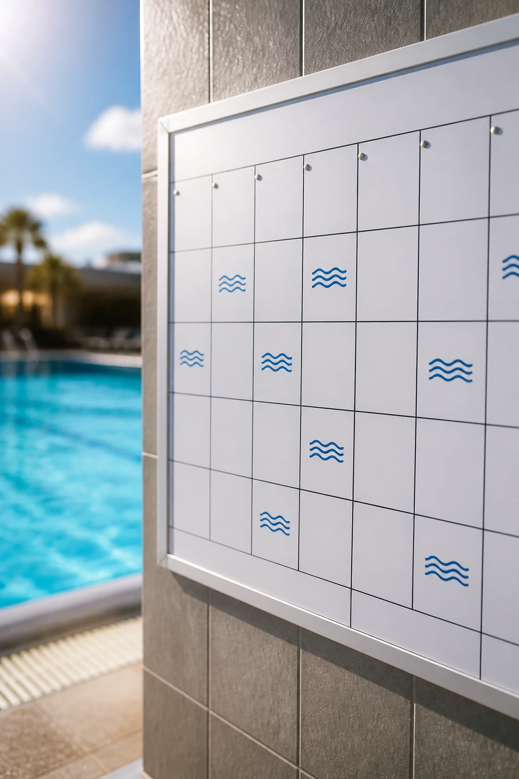 Calendar grid by a poolside with water icons for Swim or Pool-Walk Calendar