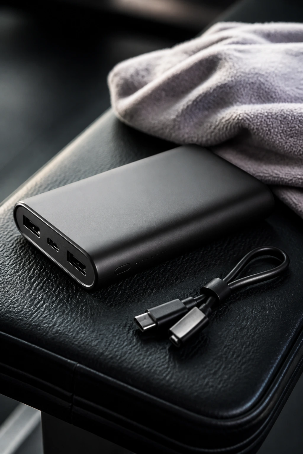 Power bank with cable on a gym bench