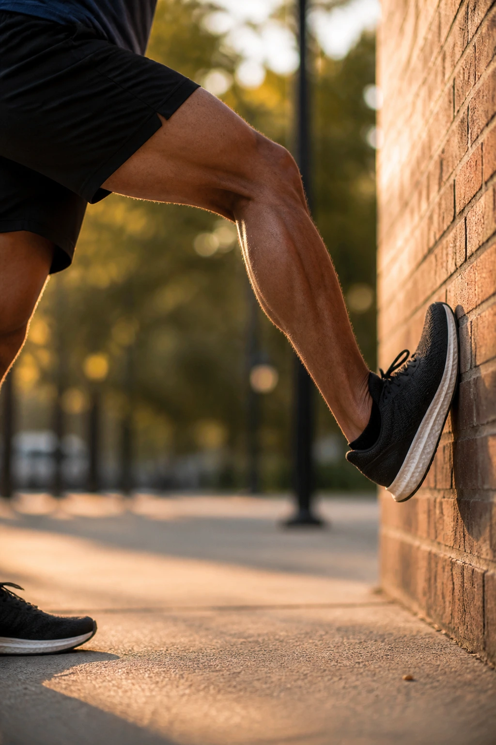 Real runner performing wall calf stretch after a run